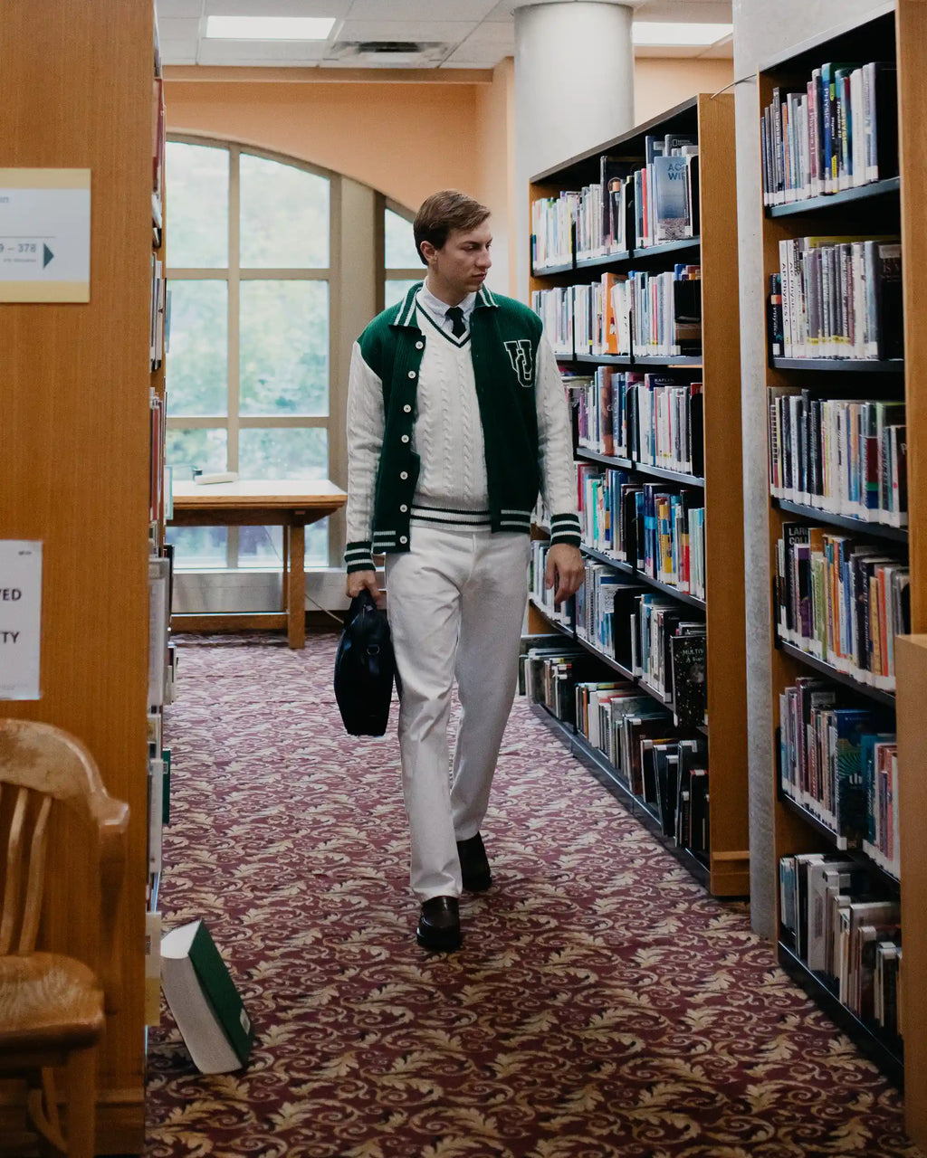 Uncle Otis x Far Afield Varsity Cable Knit Zigger Cardigan Green/ White