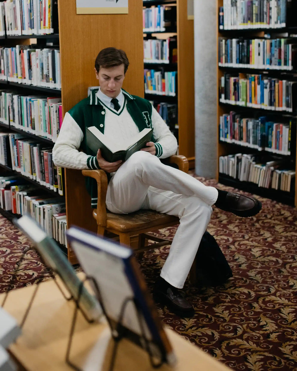 Uncle Otis x Far Afield Varsity Cable Knit Zigger Cardigan Green/ White
