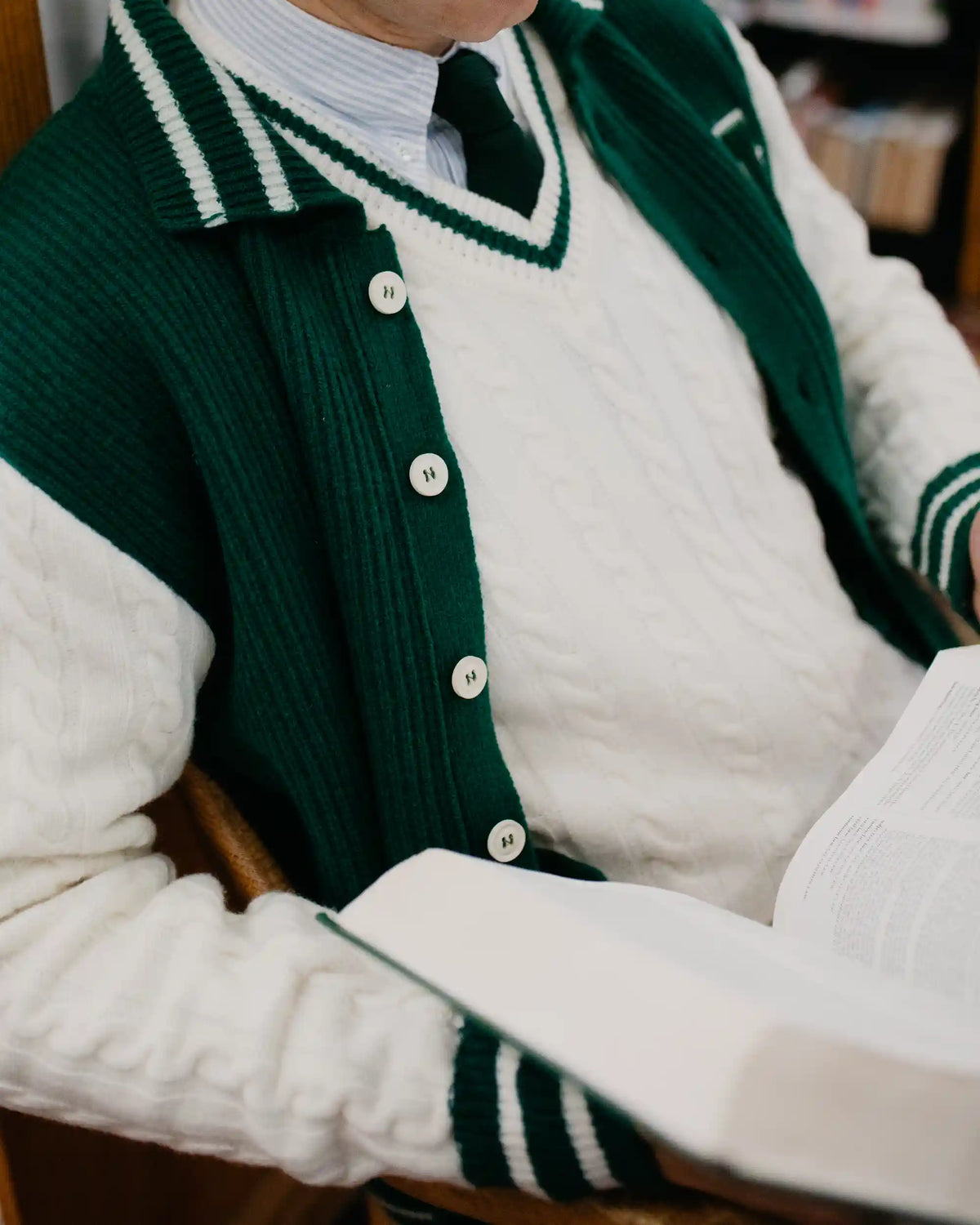 Uncle Otis x Far Afield Varsity Cable Knit Zigger Cardigan Green/ White