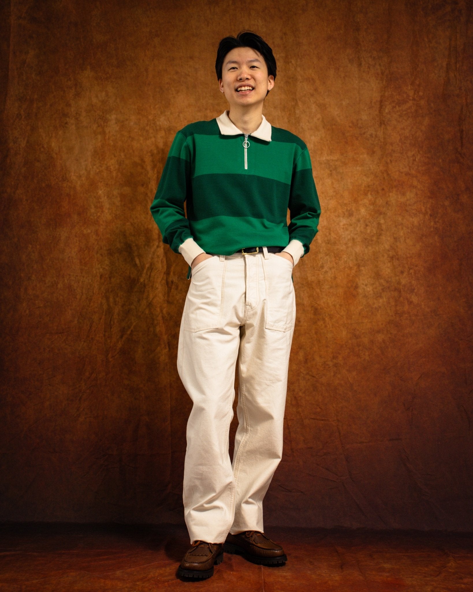 Block Stripe Quarter Zip Rugby Dark Green - DRAKE'S