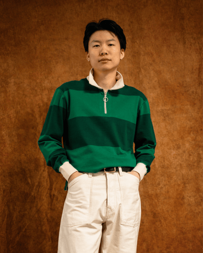 Block Stripe Quarter Zip Rugby Dark Green - DRAKE'S
