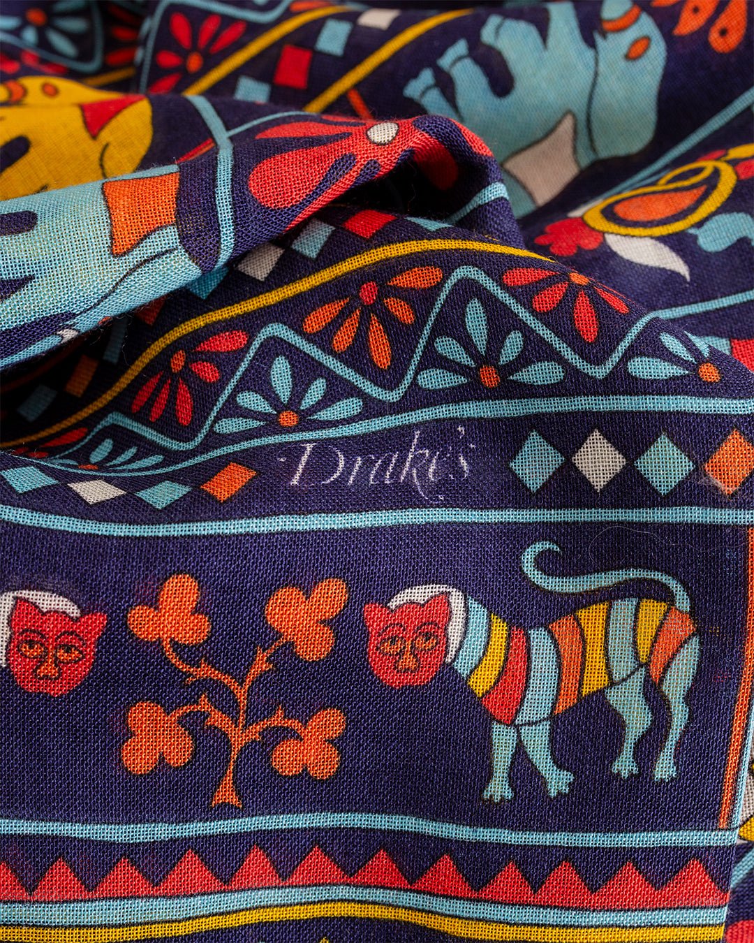 Elephants and Flowers Print Scarf Navy - DRAKE'S