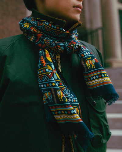 Elephants and Flowers Print Scarf Navy - DRAKE'S
