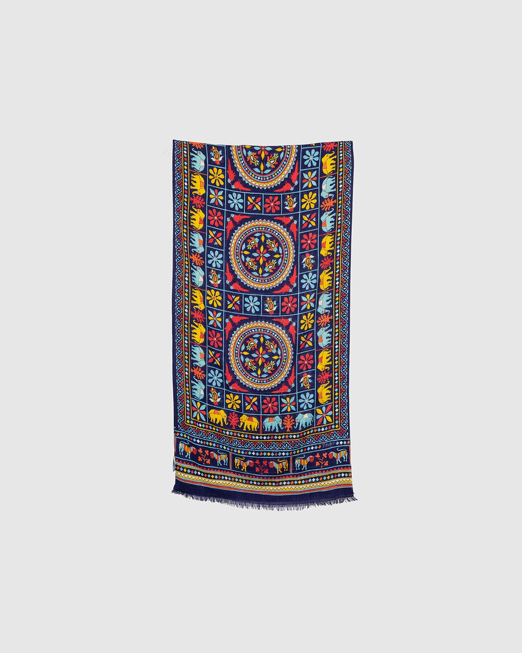Elephants and Flowers Print Scarf Navy - DRAKE'S