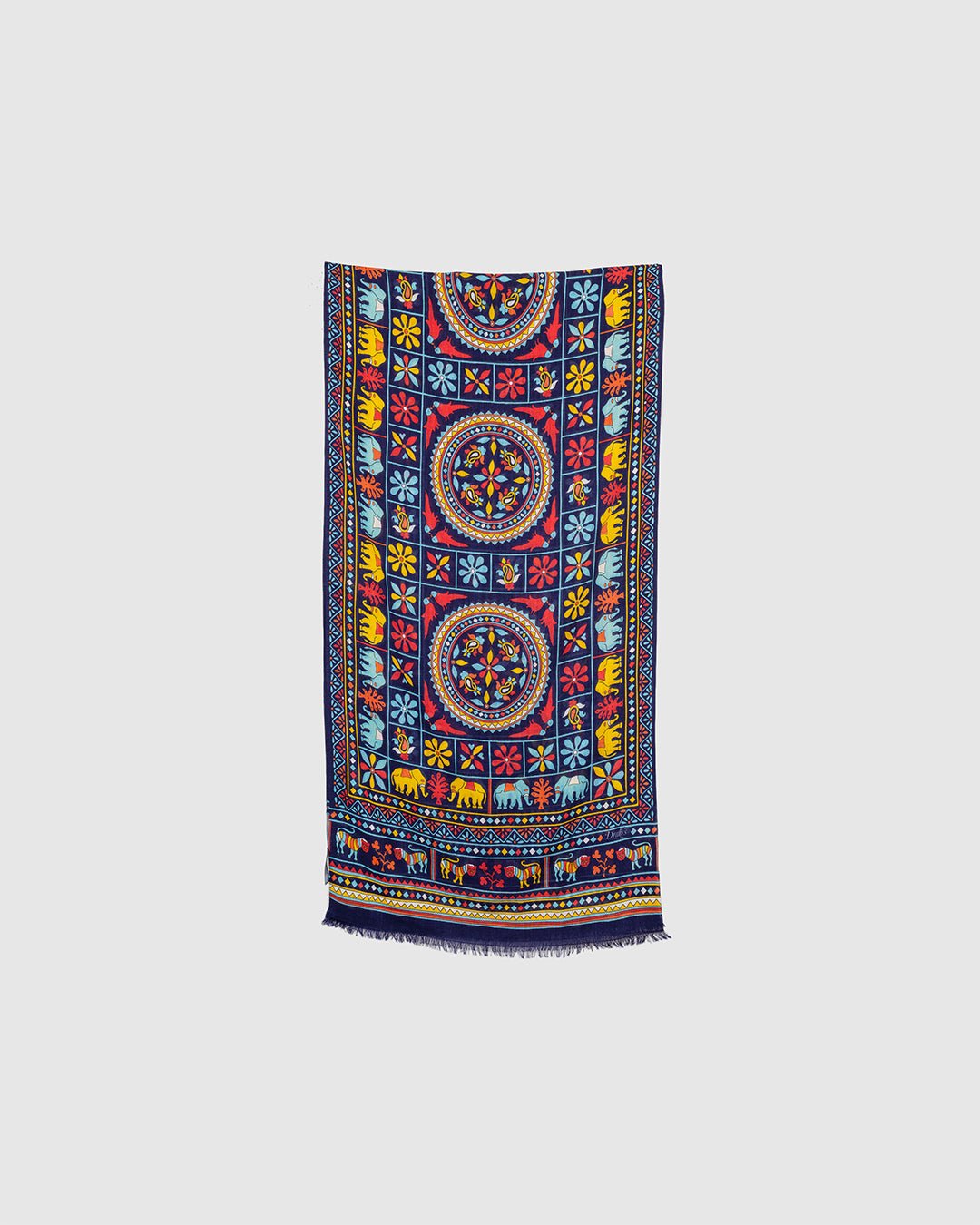 Elephants and Flowers Print Scarf Navy - DRAKE'S