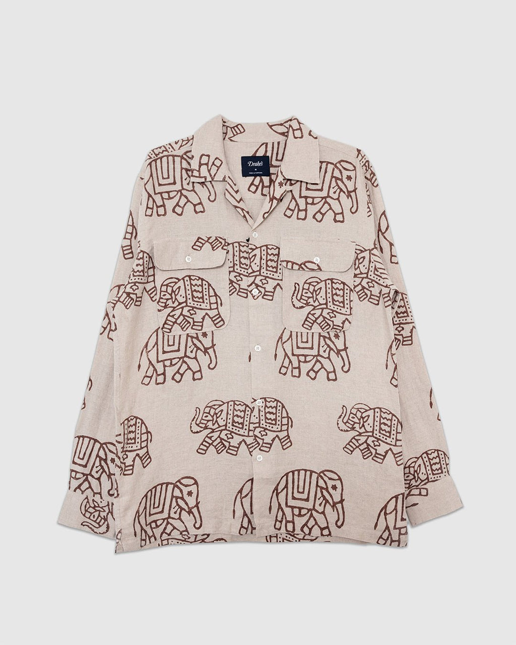 Elephants Block Print LS Camp Collar Brown - DRAKE'S