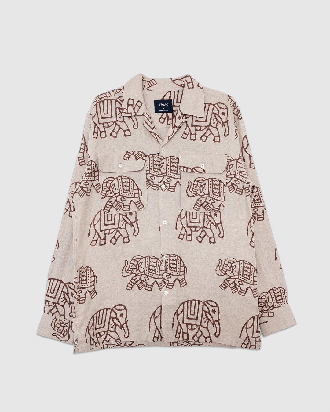 Elephants Block Print LS Camp Collar Brown - DRAKE'S