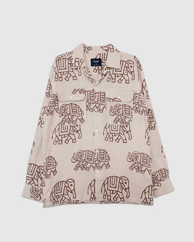 Elephants Block Print LS Camp Collar Brown - DRAKE'S
