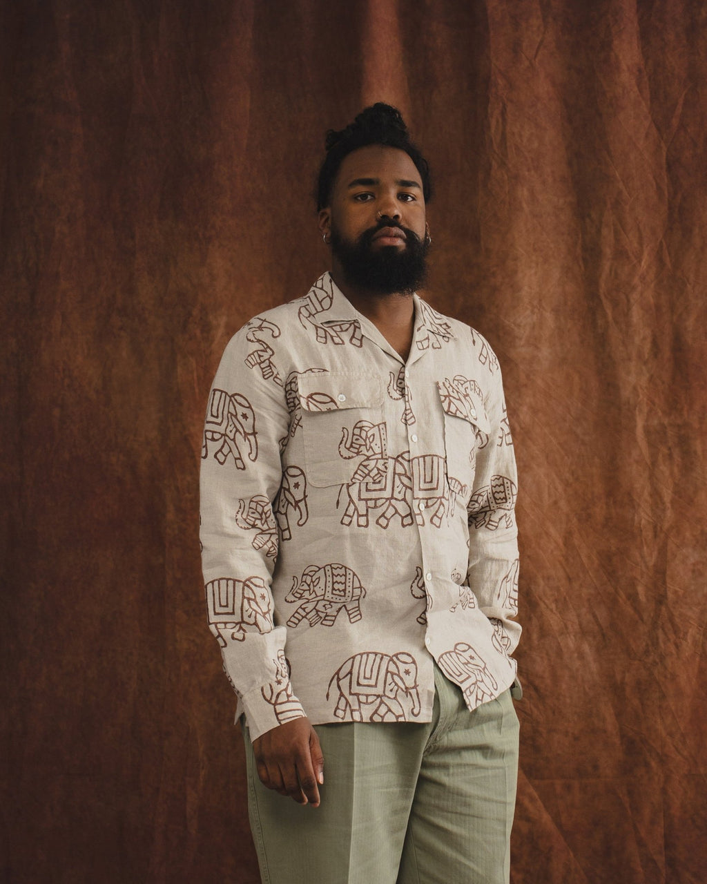 Elephants Block Print LS Camp Collar Brown - DRAKE'S