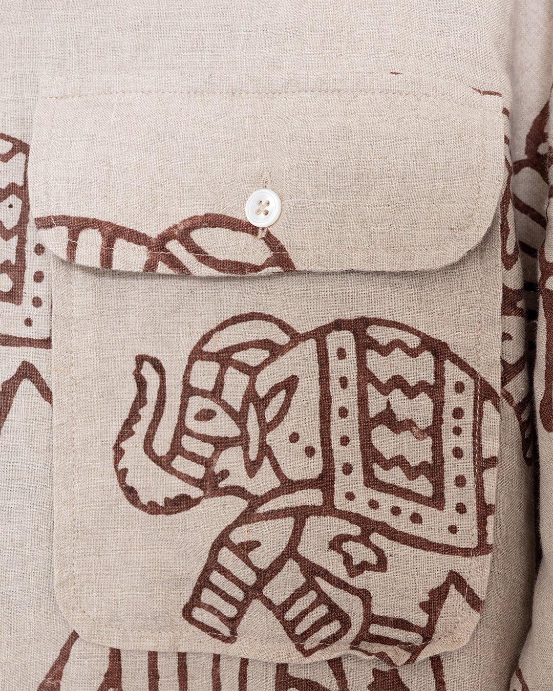 Elephants Block Print LS Camp Collar Brown - DRAKE'S
