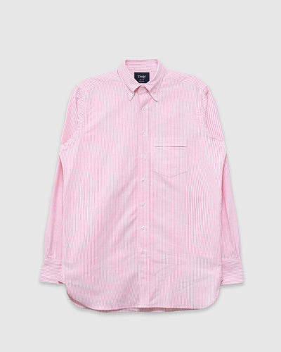 Ticking Stripe Button Down Oxford Shirt Dark Pink - DRAKE'S