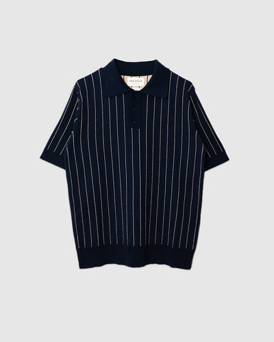 Benny Knitted Polo - Pinstripe Navy/Sand - FAR AFIELD