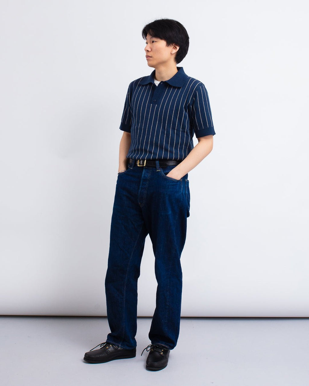 Benny Knitted Polo - Pinstripe Navy/Sand - FAR AFIELD