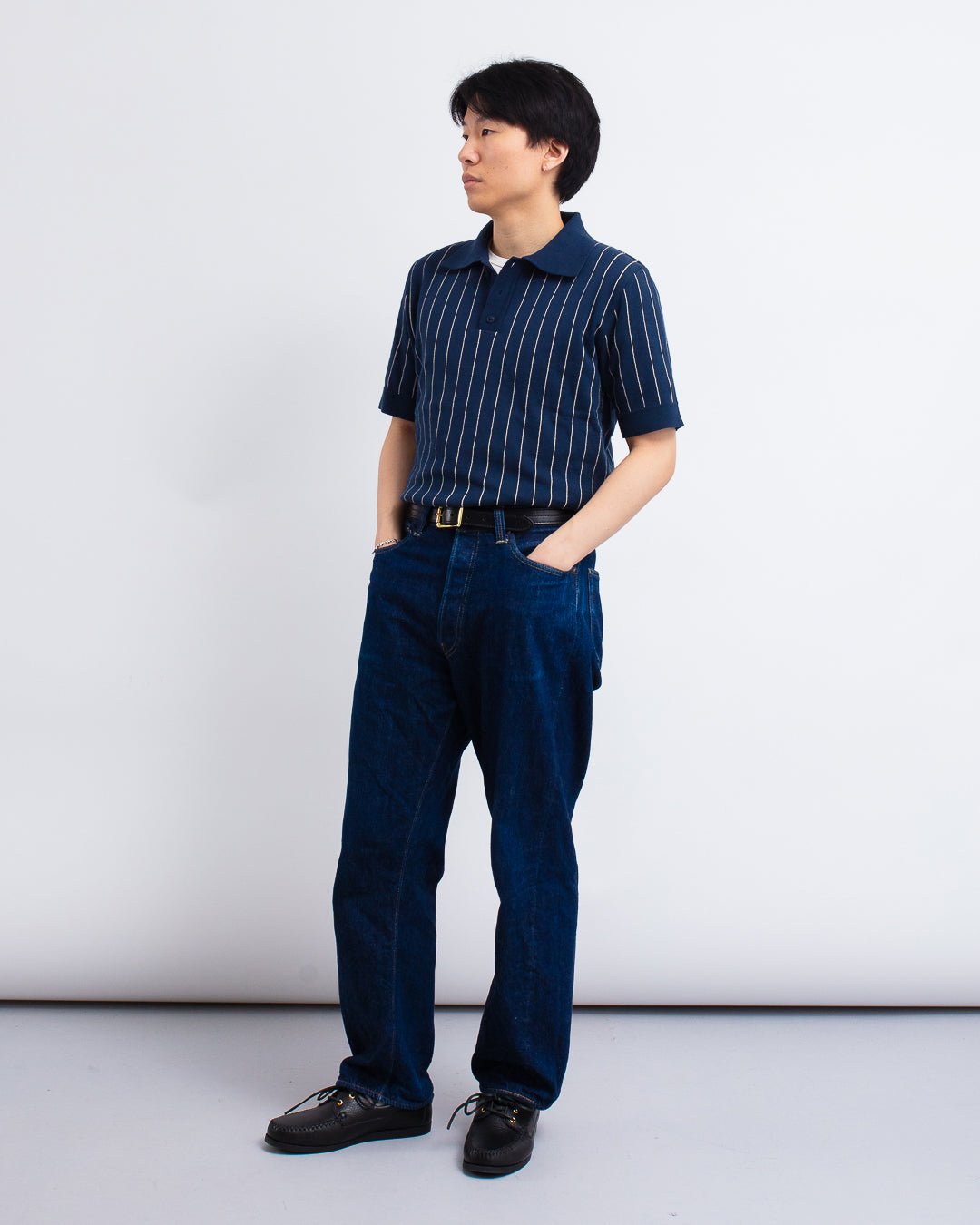 Benny Knitted Polo - Pinstripe Navy/Sand - FAR AFIELD