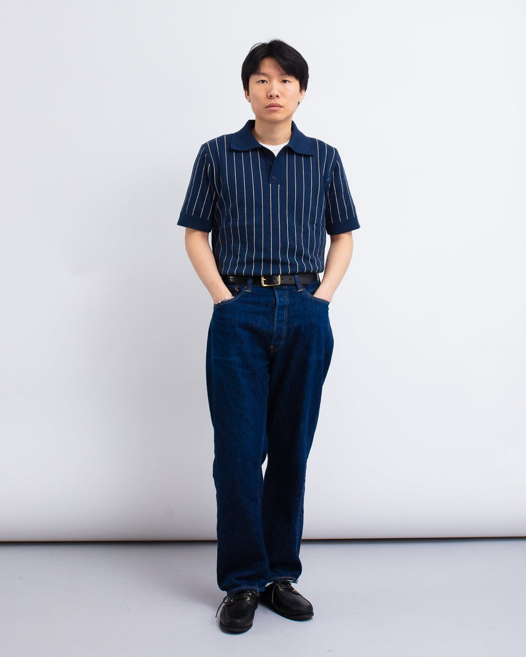 Benny Knitted Polo - Pinstripe Navy/Sand - FAR AFIELD