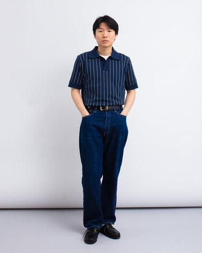 Benny Knitted Polo - Pinstripe Navy/Sand - FAR AFIELD