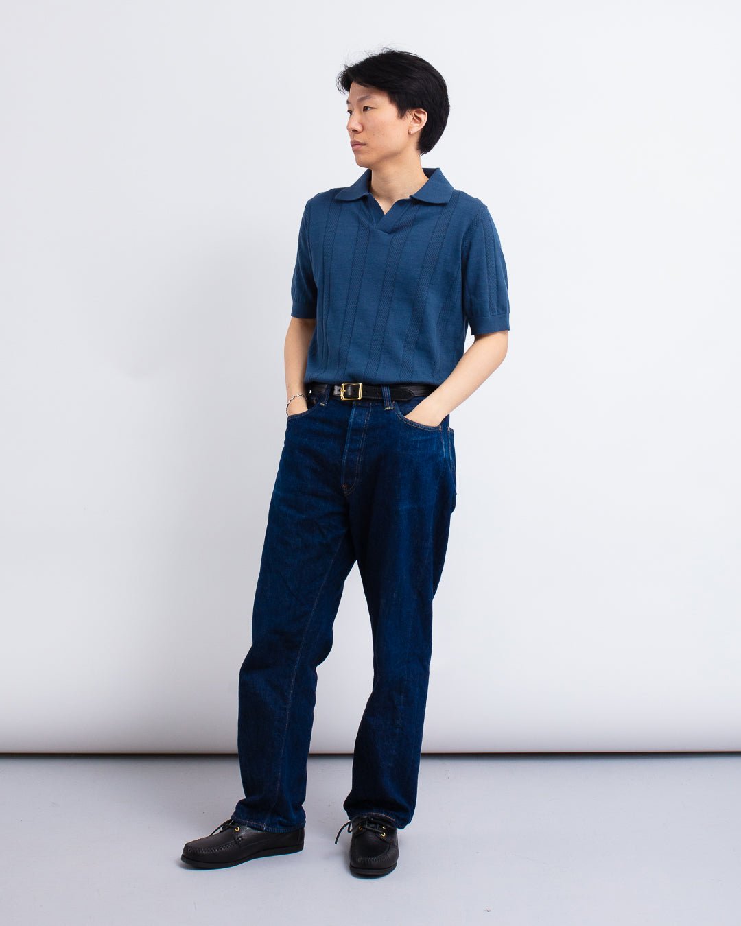 Clifford Knitted Polo Perforated Blue - FAR AFIELD