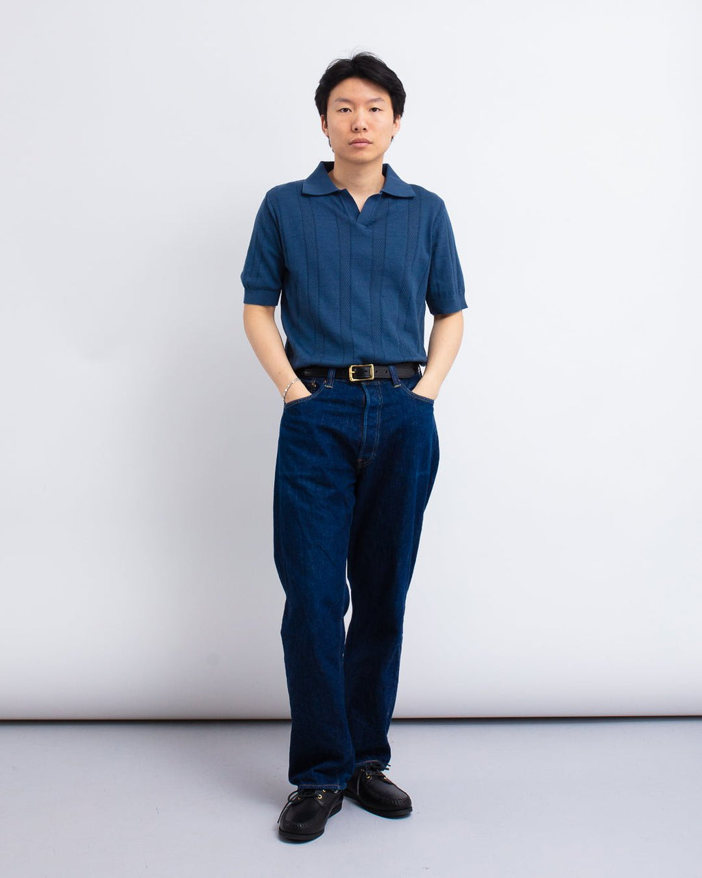 Clifford Knitted Polo Perforated Blue - FAR AFIELD