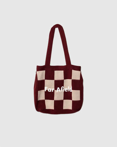 Knitted Tote Bag Red/Sand Square Patchwork - FAR AFIELD