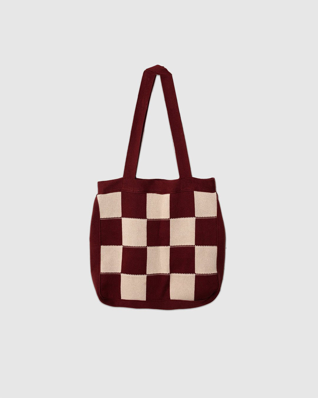 Knitted Tote Bag Red/Sand Square Patchwork - FAR AFIELD