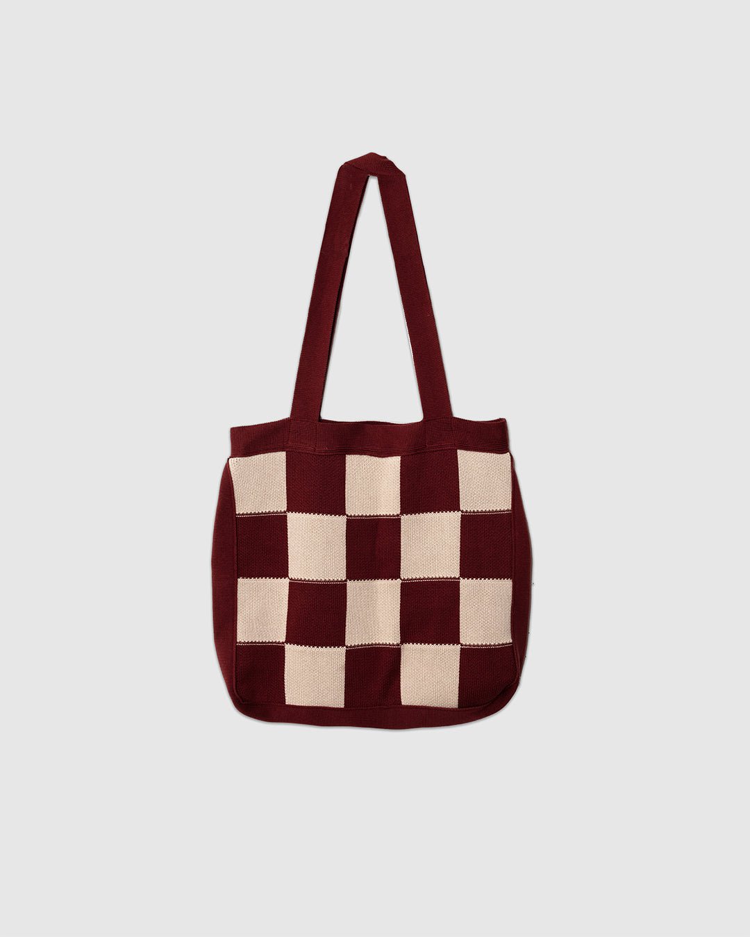 Knitted Tote Bag Red/Sand Square Patchwork - FAR AFIELD