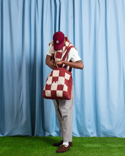 Knitted Tote Bag Red/Sand Square Patchwork - FAR AFIELD
