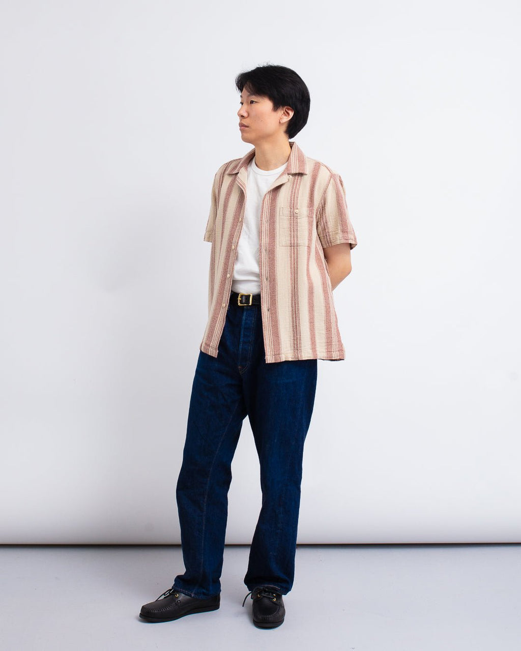 Selleck Shirt - Dobby Stripe Sand/Red - FAR AFIELD