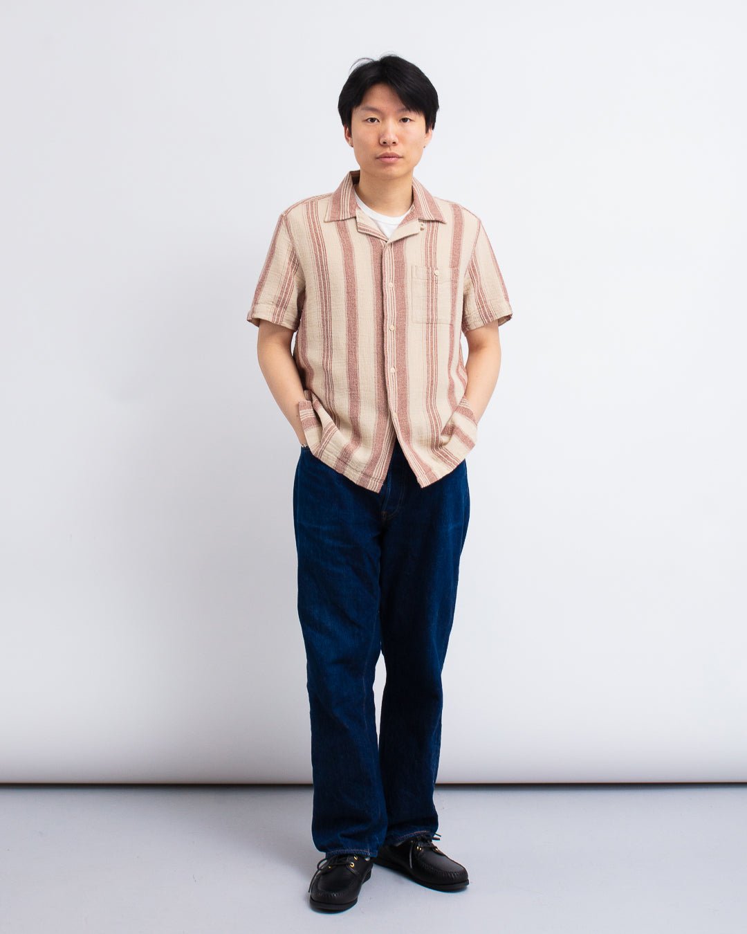 Selleck Shirt - Dobby Stripe Sand/Red - FAR AFIELD