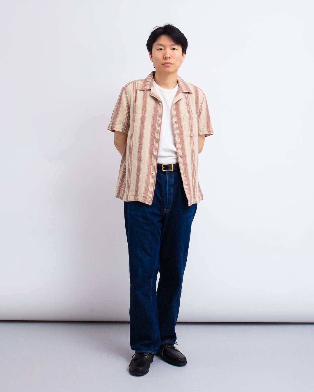 Selleck Shirt - Dobby Stripe Sand/Red - FAR AFIELD