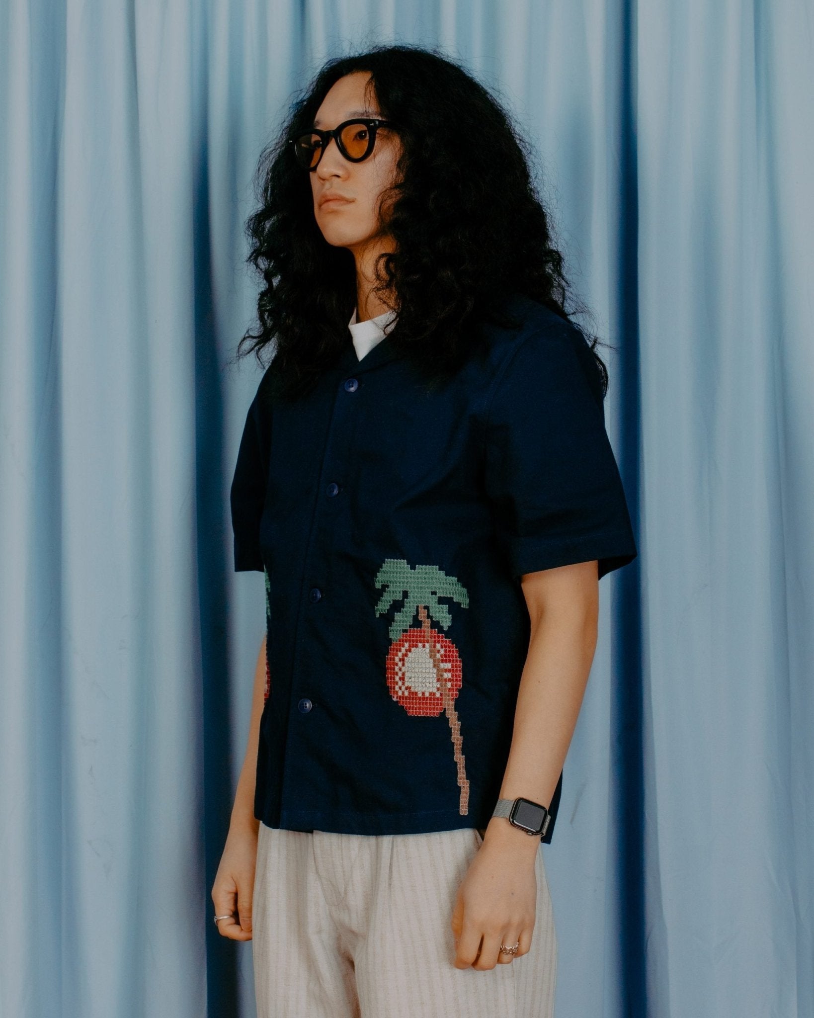 Veloso Bahia Sunset Embroidery S/S Shirt - Navy - FAR AFIELD