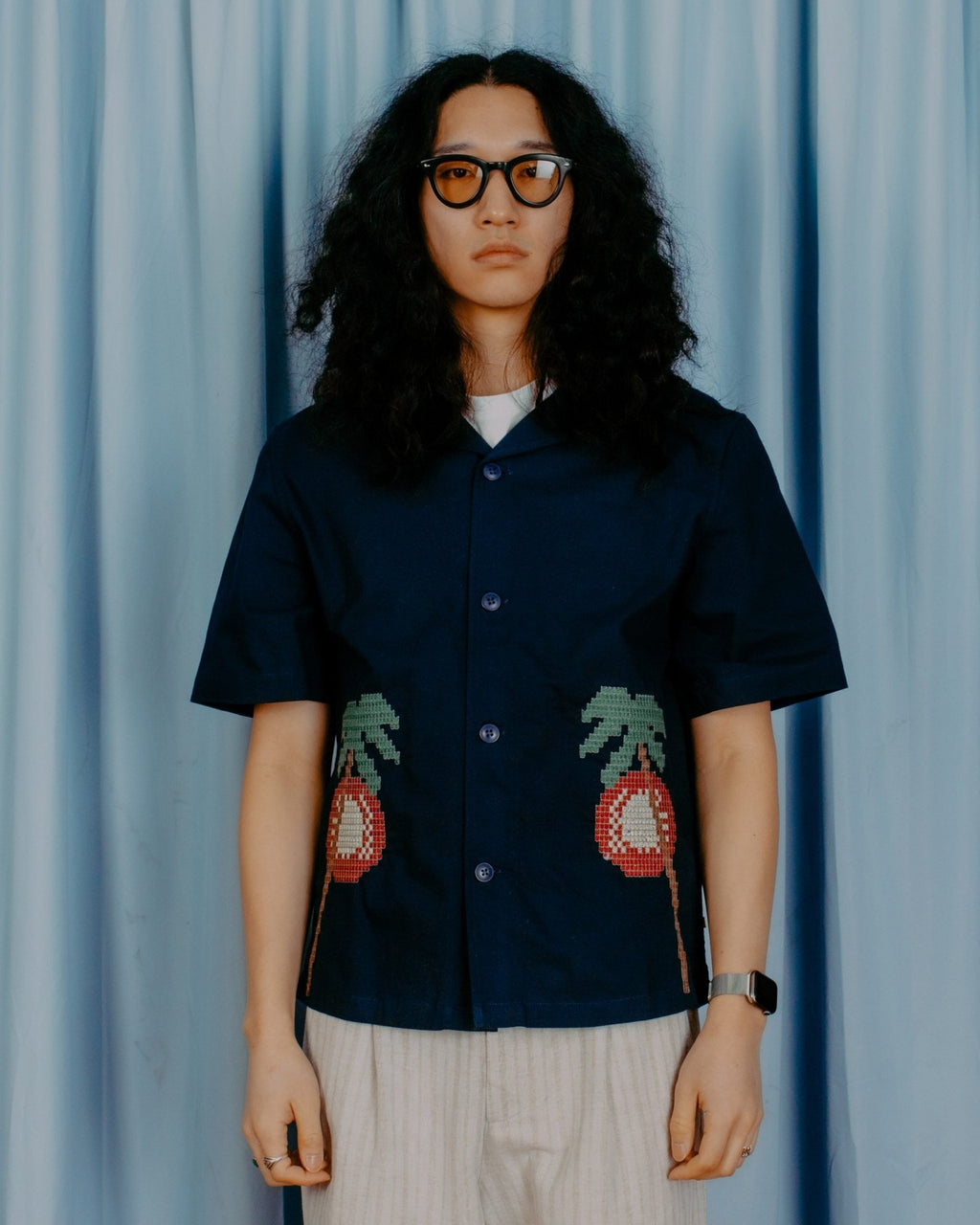 Veloso Bahia Sunset Embroidery S/S Shirt - Navy - FAR AFIELD