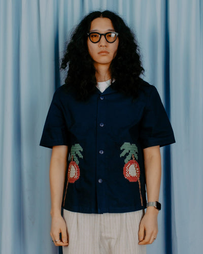 Veloso Bahia Sunset Embroidery S/S Shirt - Navy - FAR AFIELD
