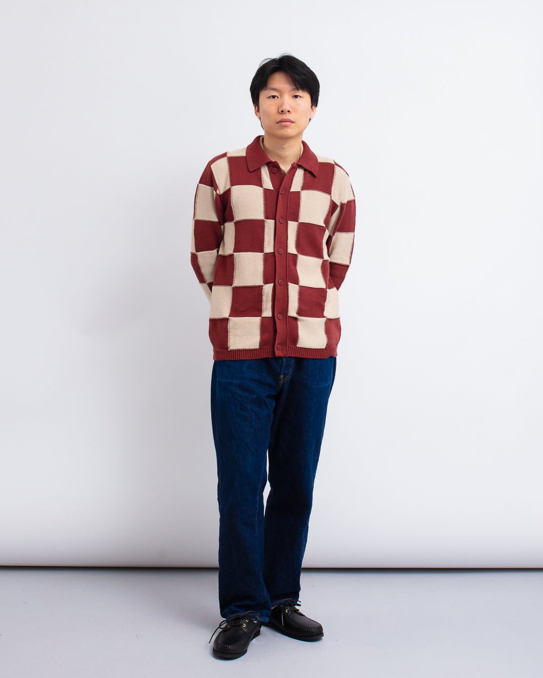 Velzy Knitted L/S Shirt - Square Patchwork Red/Sand - FAR AFIELD