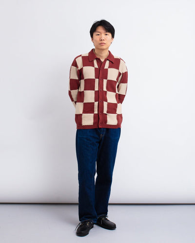 Velzy Knitted L/S Shirt - Square Patchwork Red/Sand - FAR AFIELD