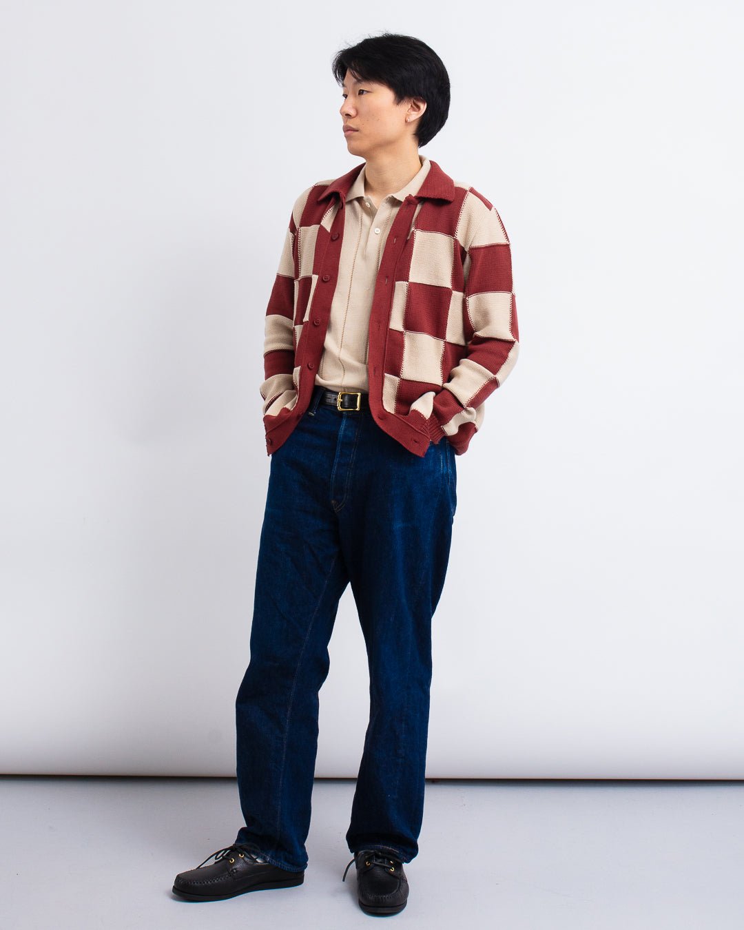 Velzy Knitted L/S Shirt - Square Patchwork Red/Sand - FAR AFIELD