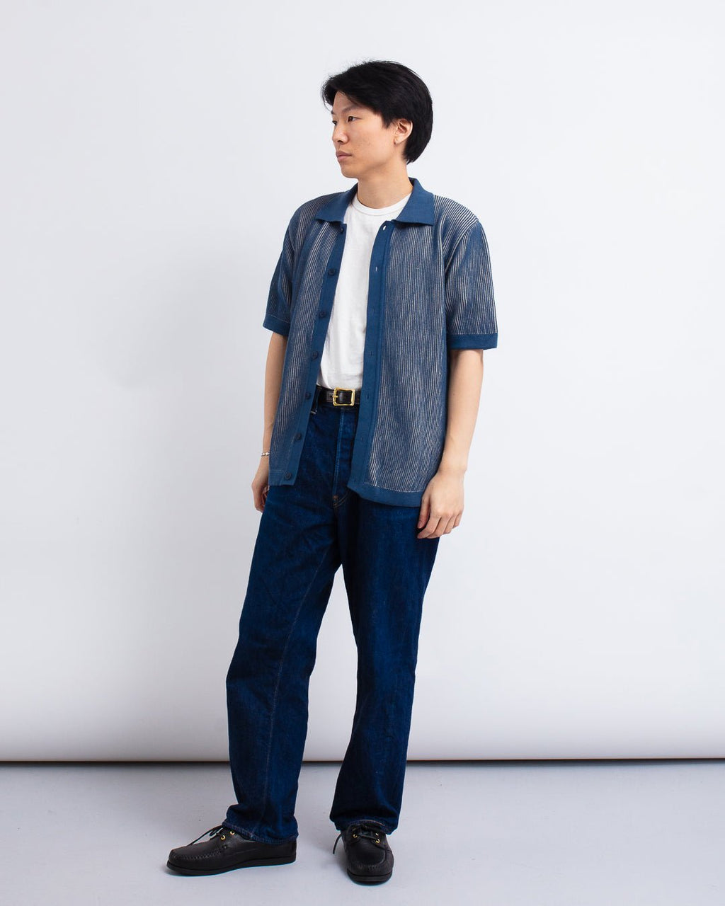 Velzy Knitted Shirt - Helio Stripe Blue/Sand - FAR AFIELD