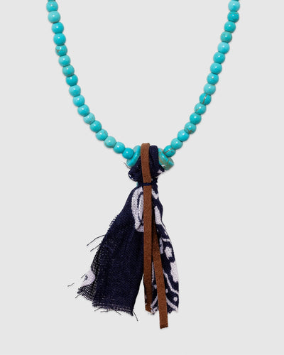 1 Beaded Necklace Various Size Turquoise/Blue Bandana/Brown Leather/Turquoise - HANAMI