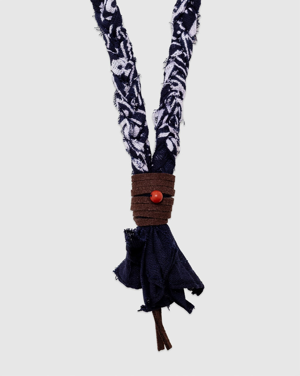 17 Braided Necklace Blue/Terracotta Bead/Brown Leather - HANAMI