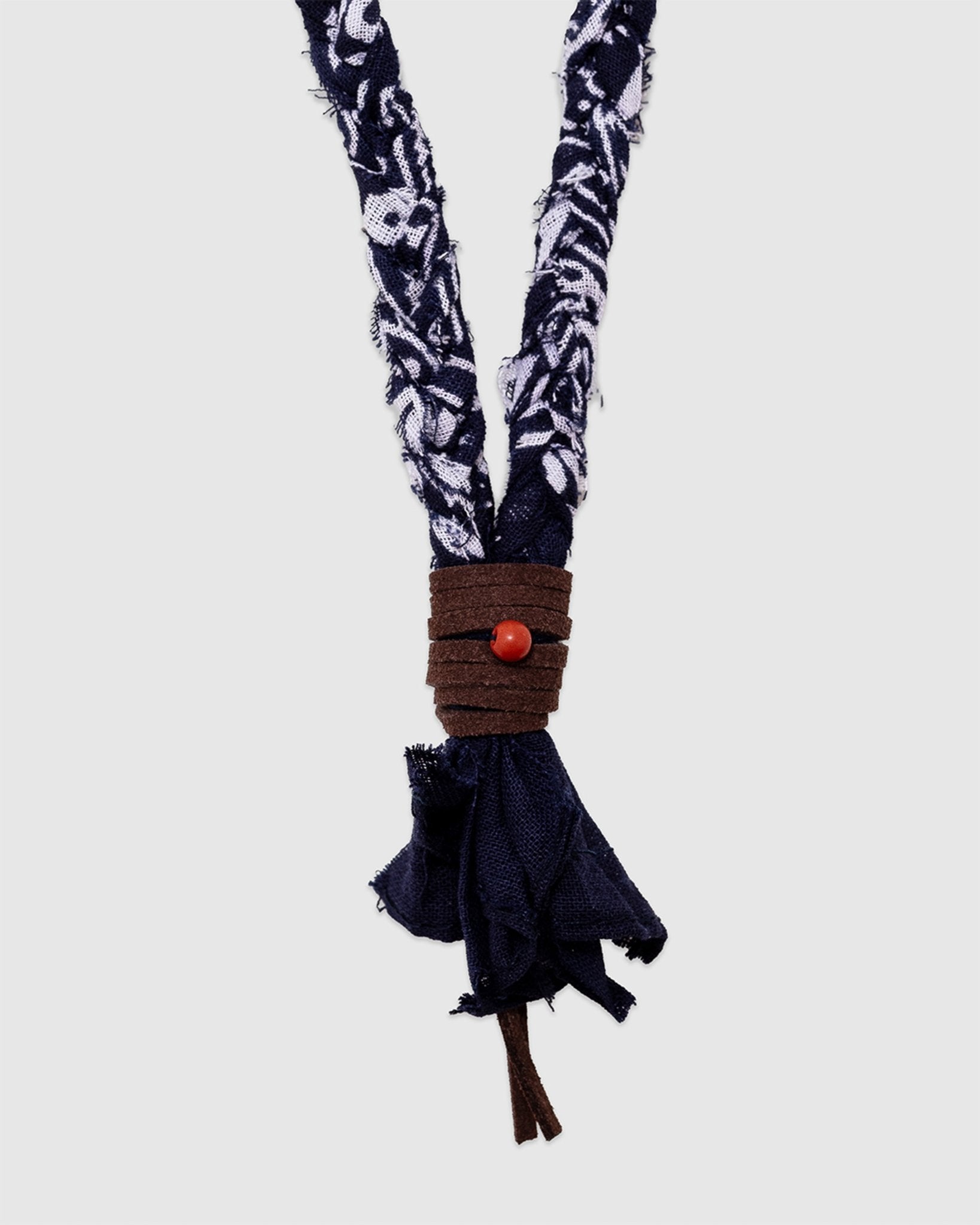 17 Braided Necklace Blue/Terracotta Bead/Brown Leather - HANAMI