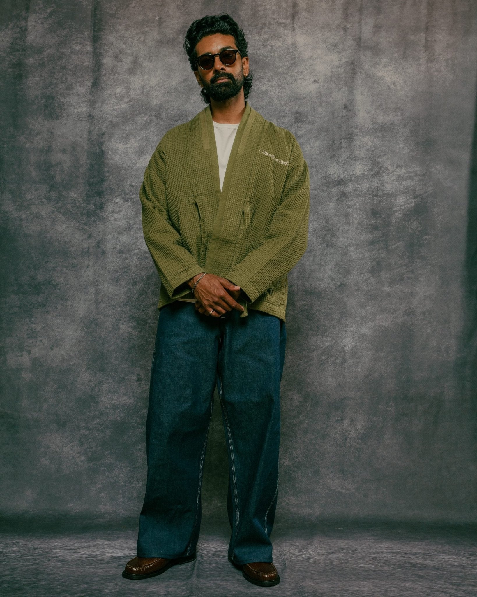 Embroidered Waffle Olive Kimono Overshirt - MAHARISHI