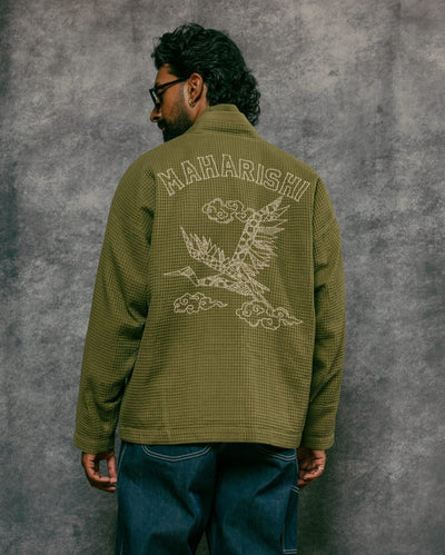 Embroidered Waffle Olive Kimono Overshirt - MAHARISHI