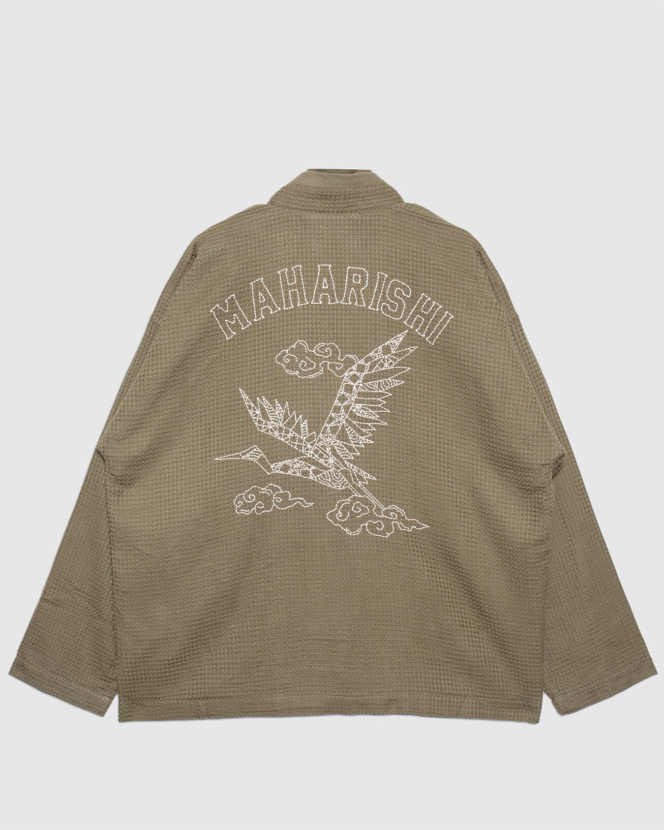 Embroidered Waffle Olive Kimono Overshirt - MAHARISHI