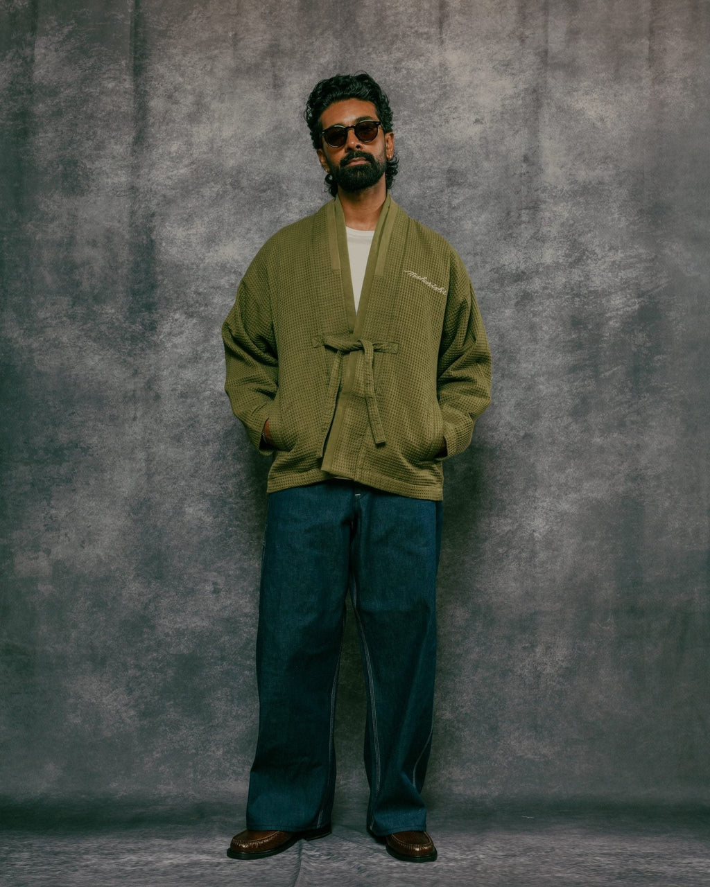 Embroidered Waffle Olive Kimono Overshirt - MAHARISHI