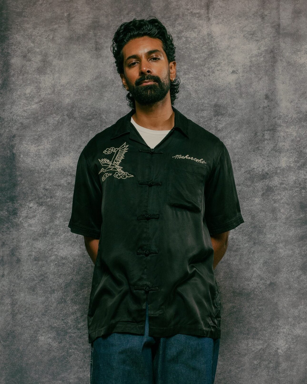 Year of the Crane Shirt Black Japanese Cupro Twill - MAHARISHI