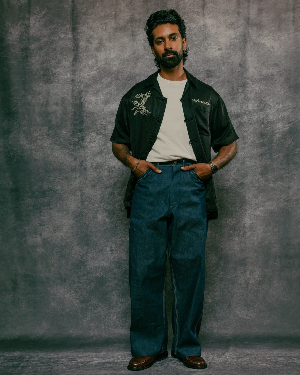 Year of the Crane Shirt Black Japanese Cupro Twill - MAHARISHI