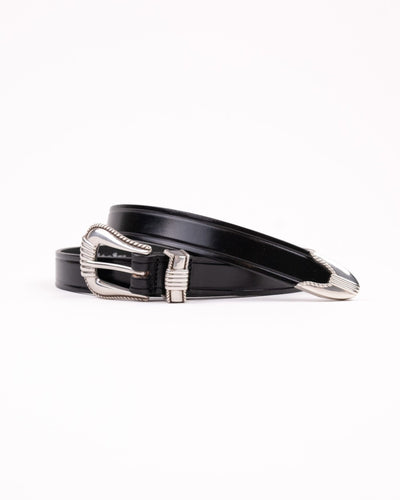 Extended 1" Creased Belt w/3pc Silver Buckle - Black - MONITALY