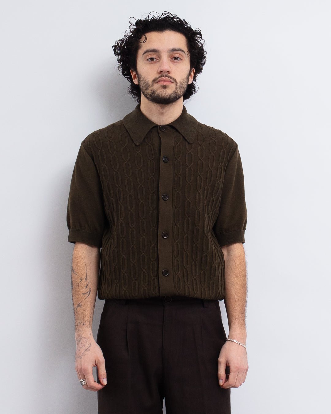 Rossell Knitted Shirt Khaki Brown - OLIVER SPENCER