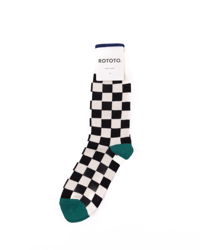 Checkerboard Crew Socks -Ivory/Black/Green - ROTOTO