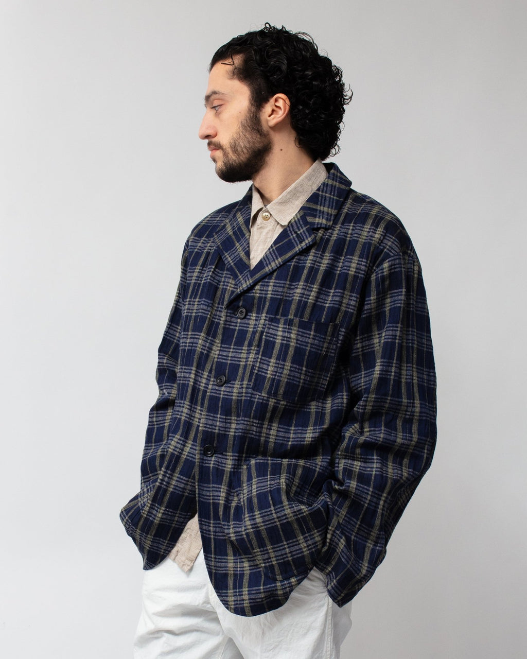 Linen Check Tailored Jacket Navy - SAGE DE CRET
