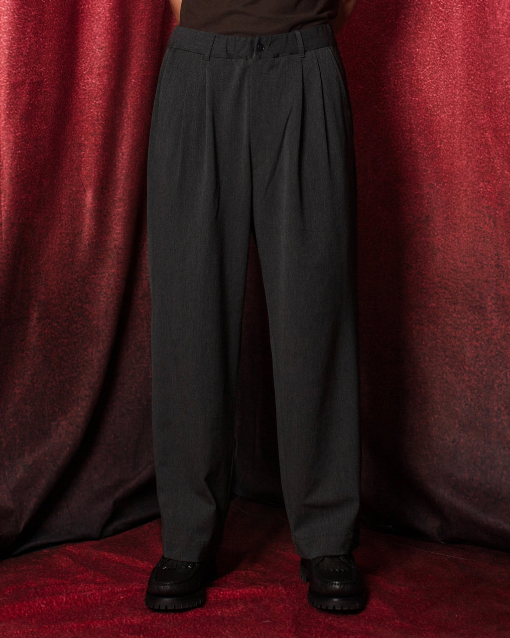Twill Stretch Wide Double Pleated Easy Pants Charcoal - SAGE DE CRET
